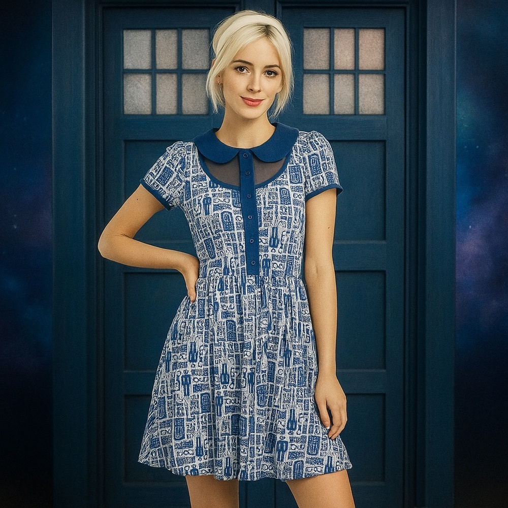 Hot Topic Blue TARDIS Print Peter Pan Collar Fit Flare Dress L